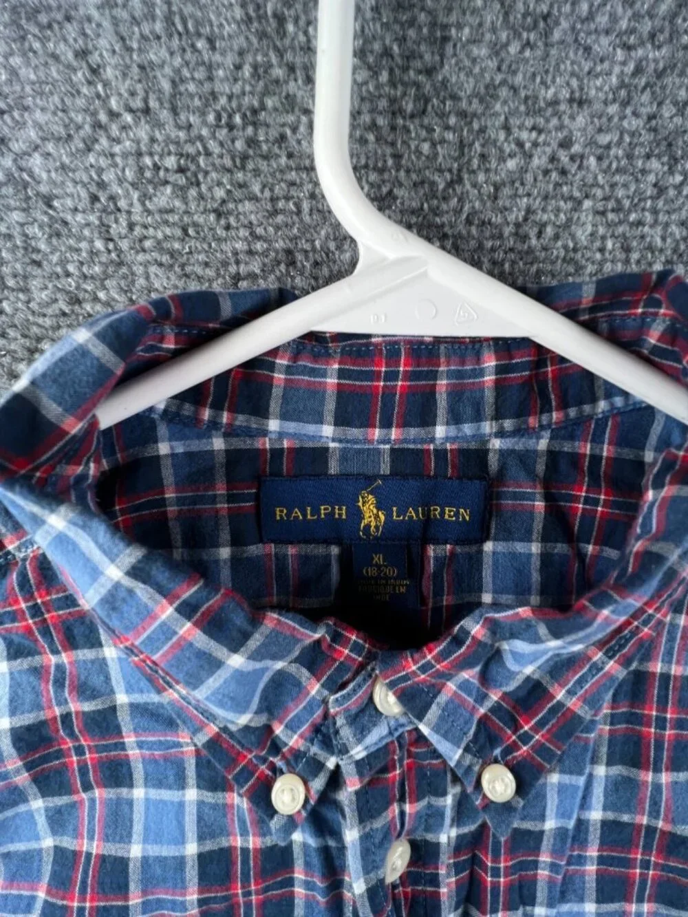 Ralph Lauren Boys Button Up Shirt Short Sleeve Blue Red Plaid XL 18-20 Cotton